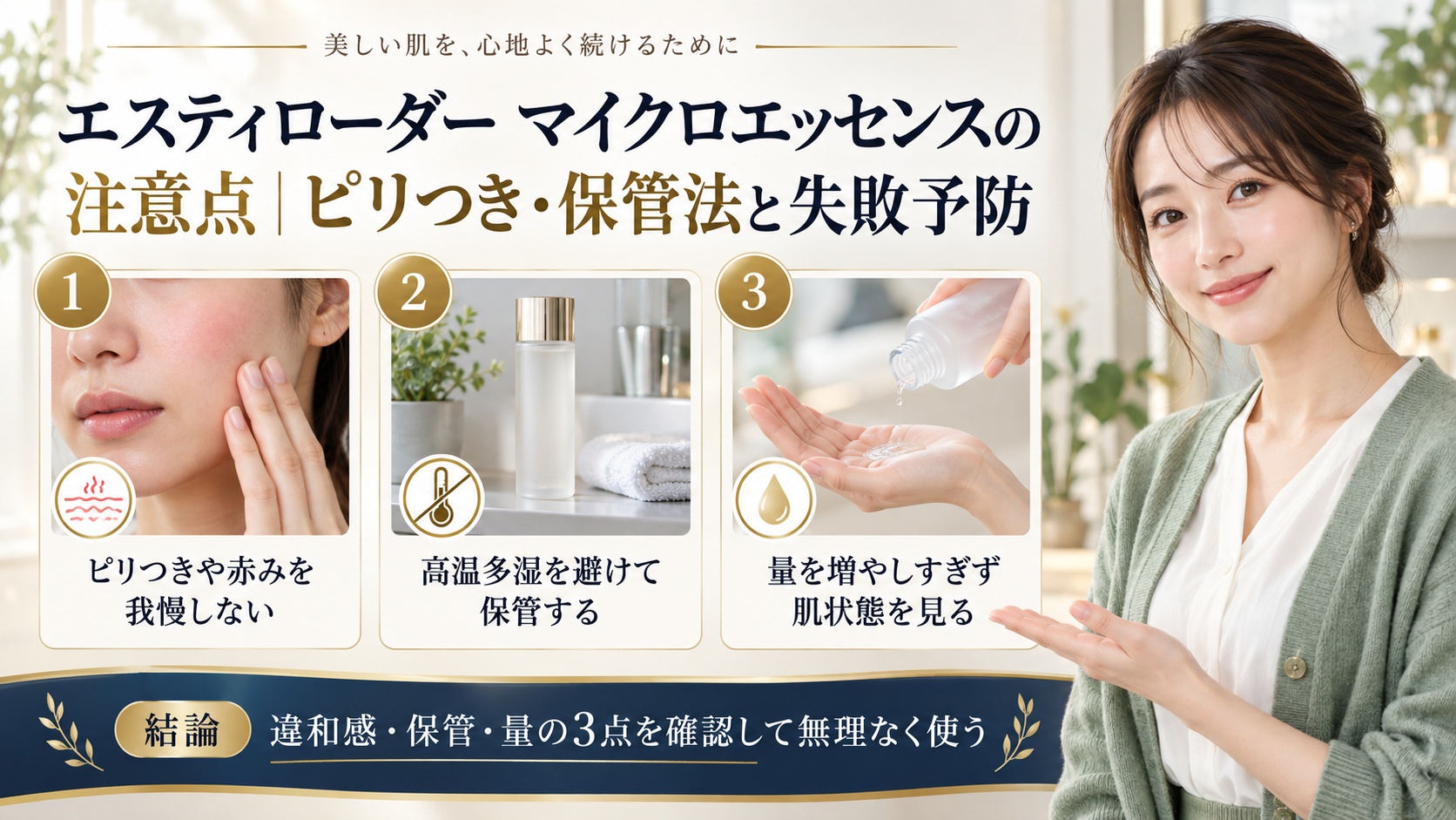 エスティローダーマイクロエッセンスの刺激・保管・量の注意点を示すアイキャッチ