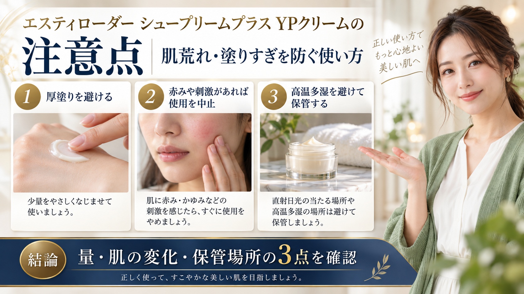 エスティローダーシュープリームプラスYPクリームの量・肌状態・保管の注意点を示すアイキャッチ