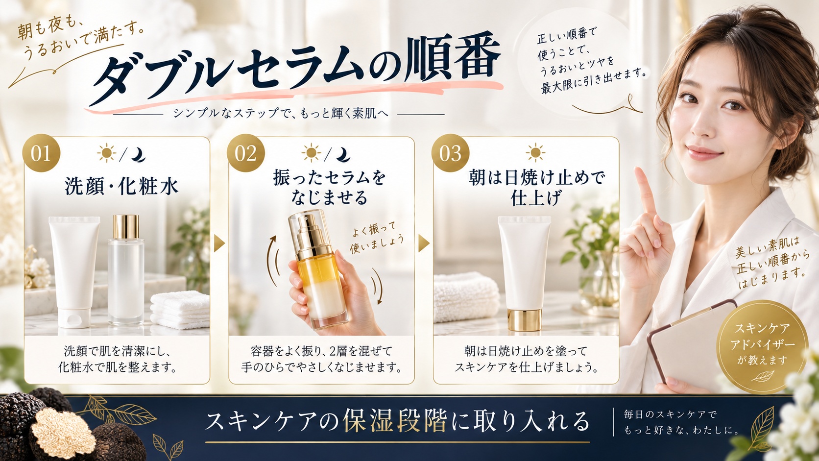 d'Albaホワイトトリュフダブルセラムアンドクリームの順番|朝夜のスキンケア手順