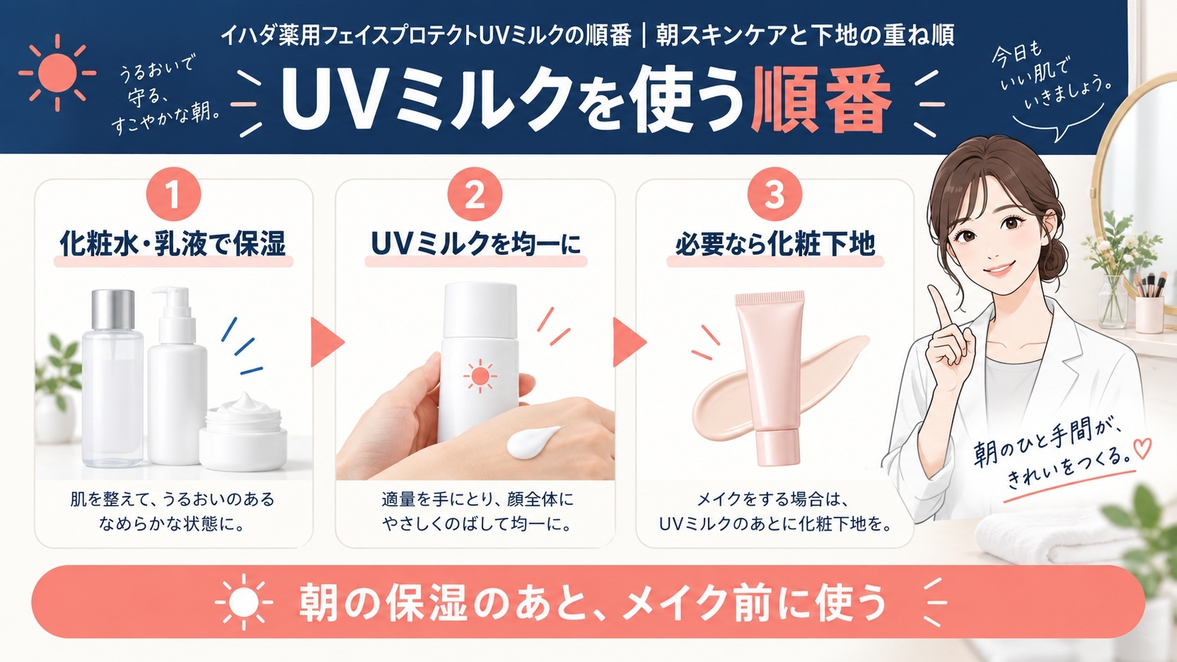 イハダ薬用フェイスプロテクトUVミルクの順番｜朝スキンケアと下地の重ね順