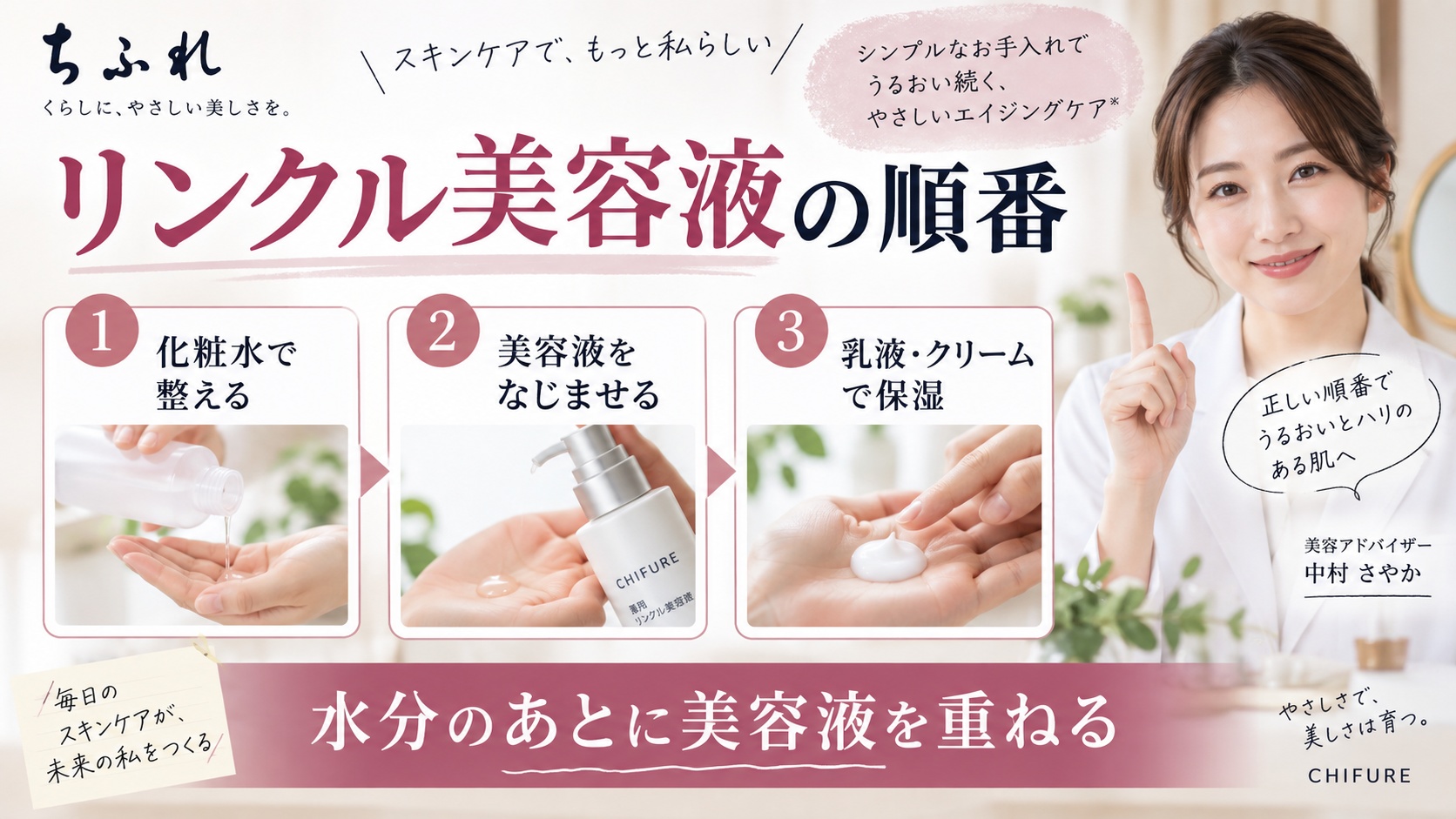 ちふれ薬用リンクル美容液の使う順番｜化粧水・乳液・クリームとの正しい並び
