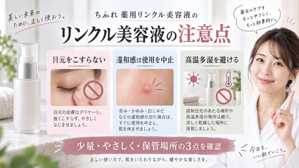 ちふれ薬用リンクル美容液の注意点｜目元の擦りすぎ・白ニキビ・保管法