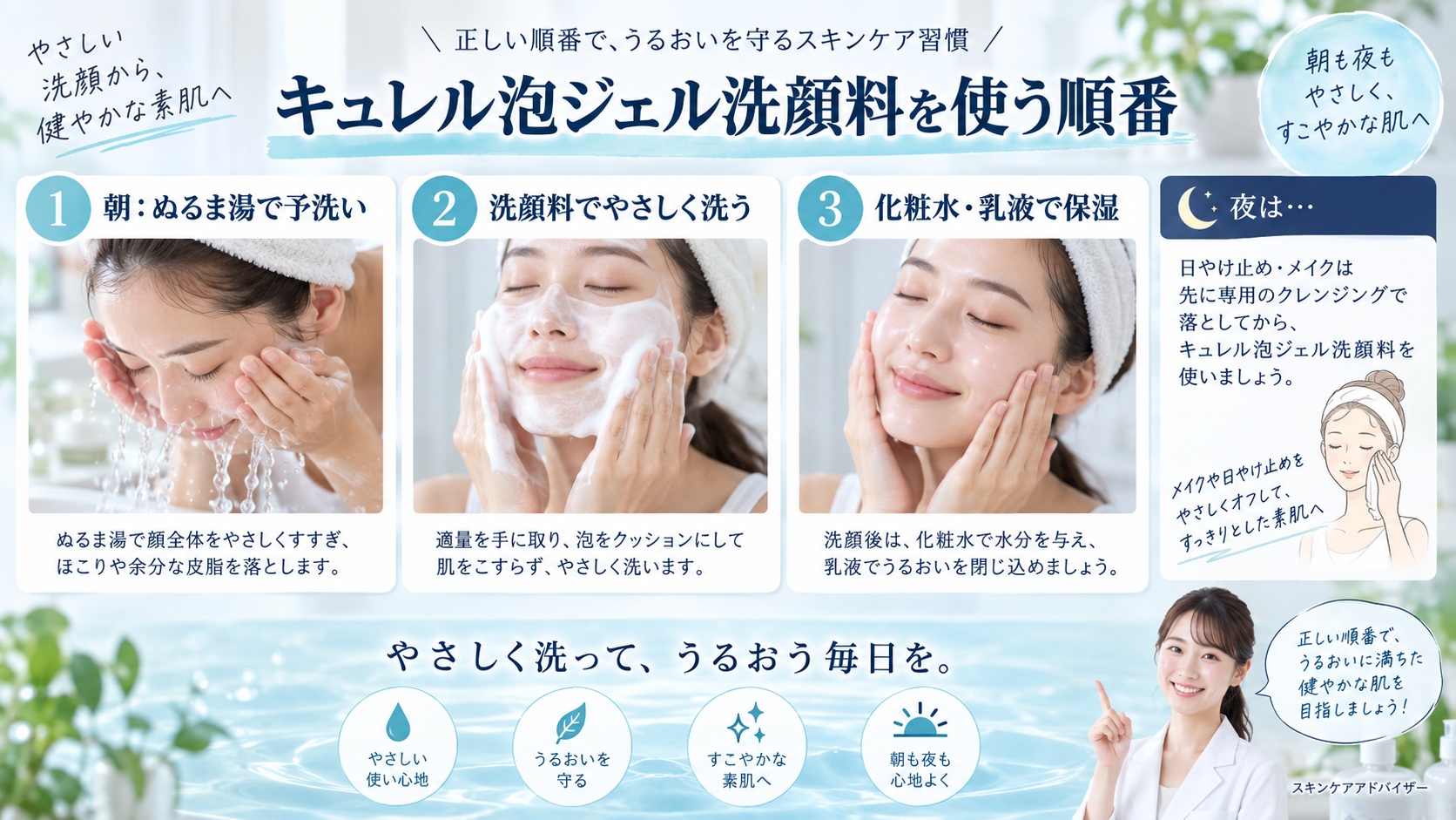 キュレル泡ジェル洗顔料を使う順番は？朝晩のスキンケアルーティン