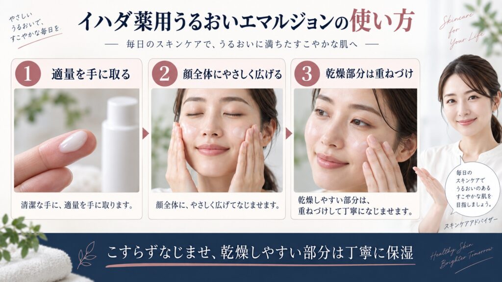 イハダ薬用うるおいエマルジョンの使い方｜適量と高精製ワセリン乳液の塗り方