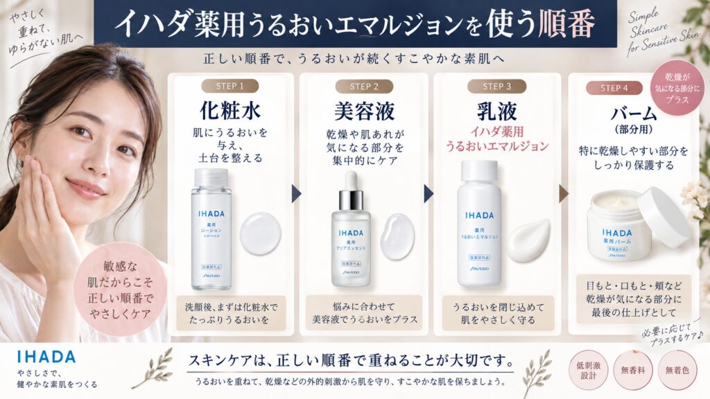イハダ薬用うるおいエマルジョンの使う順番｜化粧水・美容液・バームとの正しい重ね方