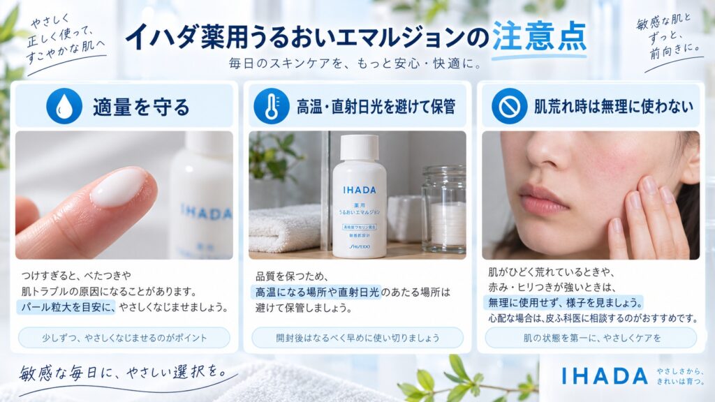イハダ薬用うるおいエマルジョンの注意点｜塗りすぎ・保管・肌荒れ時のNG行為
