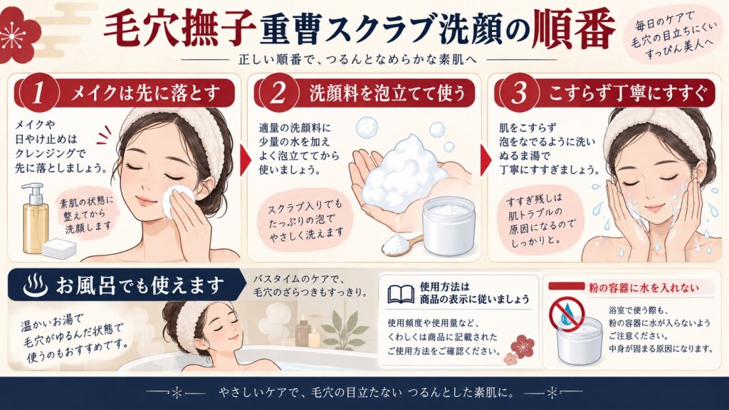 毛穴撫子重曹スクラブ洗顔の順番｜クレンジング後・お風呂での正しい手順