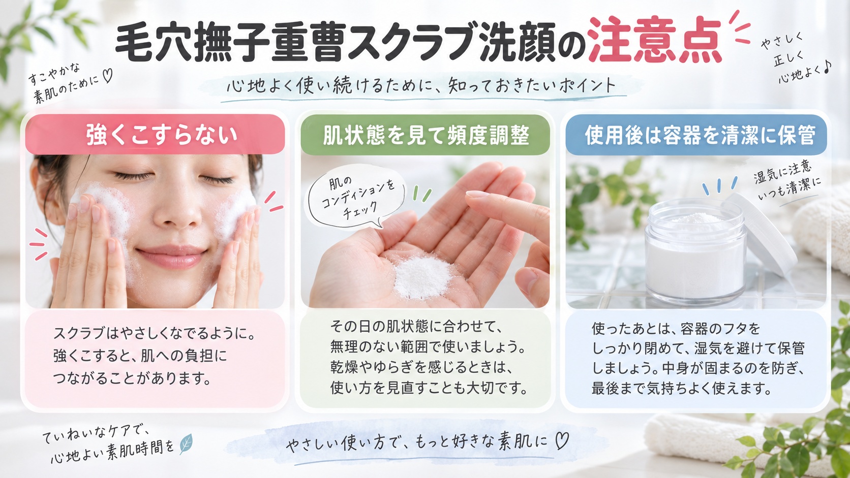 毛穴撫子重曹スクラブ洗顔の注意点｜こすりすぎ・毎日使用・保管のNG行為