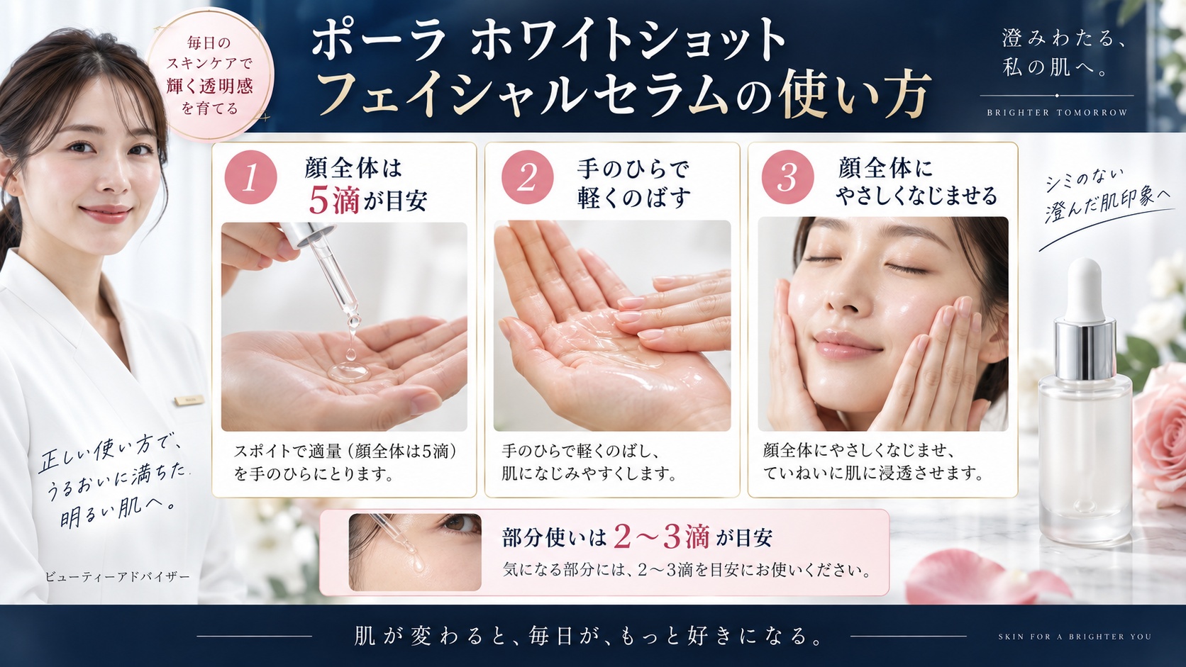 ポーラホワイトショットフェイシャルセラムの使い方｜適量と効果を高める塗り方