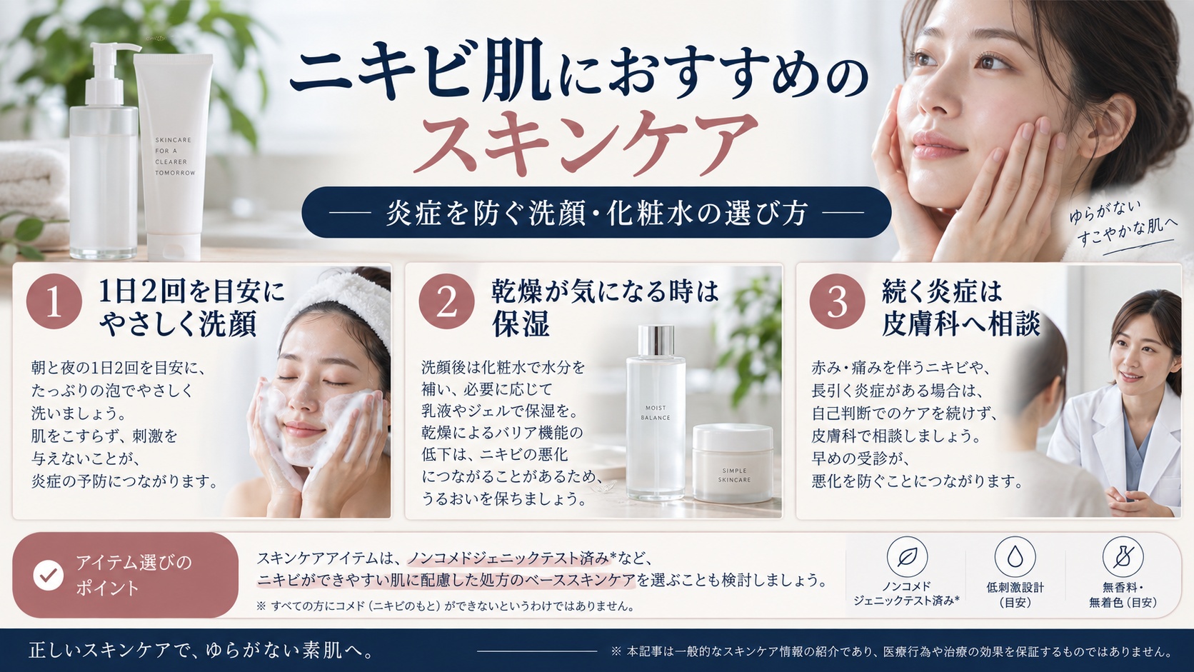 ニキビ肌におすすめのスキンケア｜炎症を防ぐ洗顔・化粧水の選び方