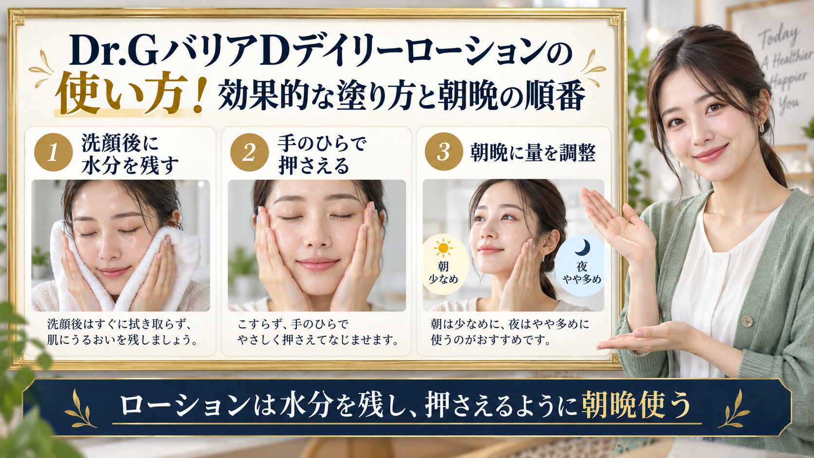 Dr.GバリアDデイリーローションの使い方を解説するアイキャッチ