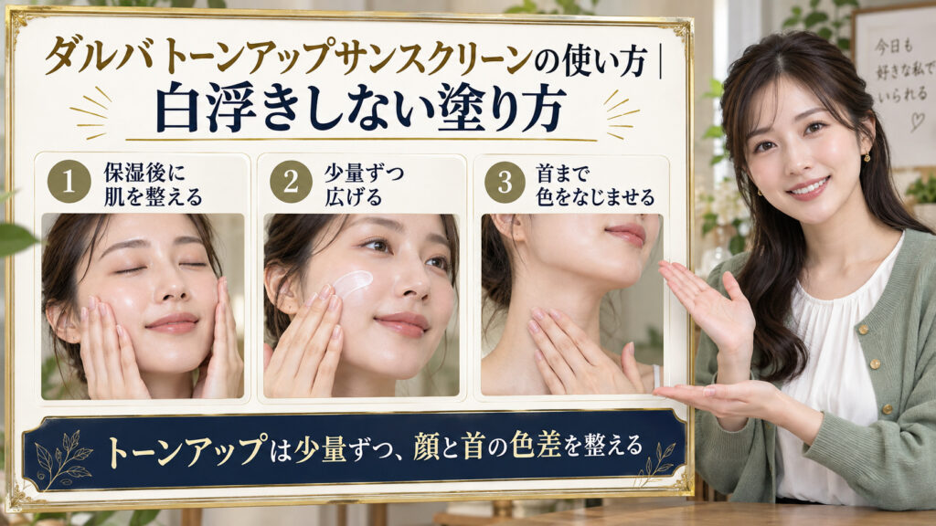 ダルバ トーンアップサンスクリーンの使い方を解説するアイキャッチ
