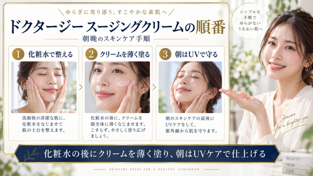 ドクタージー スージングクリームの朝晩の使用順をまとめたアイキャッチ