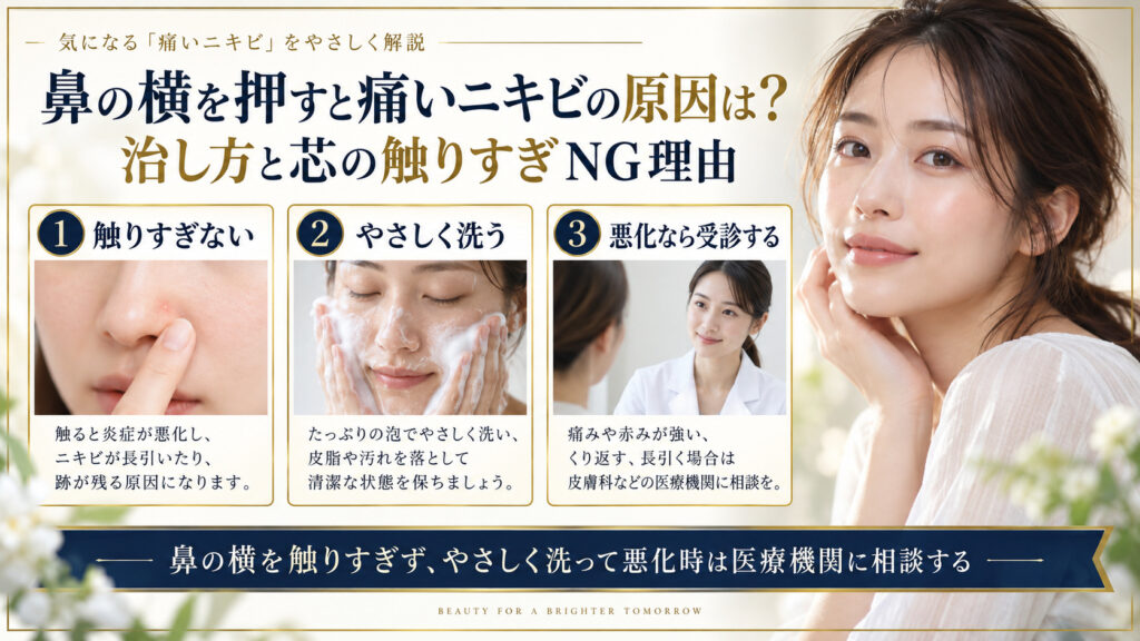 鼻の横を押すと痛いニキビの原因と対処をまとめたアイキャッチ
