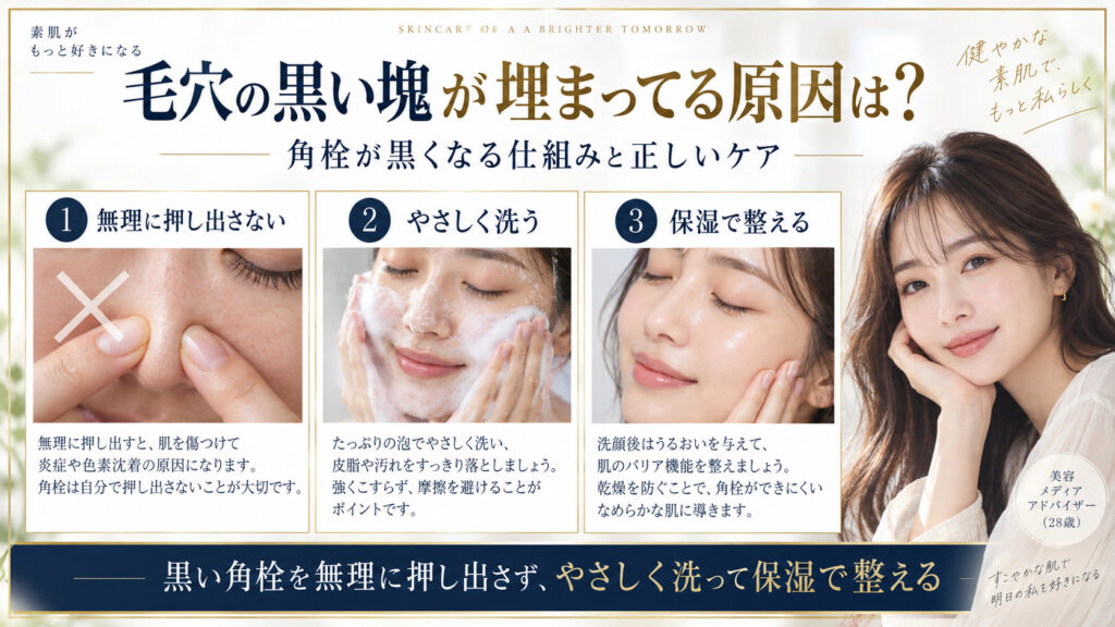 毛穴の黒い角栓の原因と正しいケアをまとめたアイキャッチ