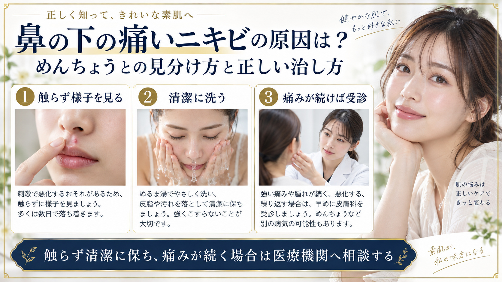 鼻の下の痛いニキビの原因と対処をまとめたアイキャッチ