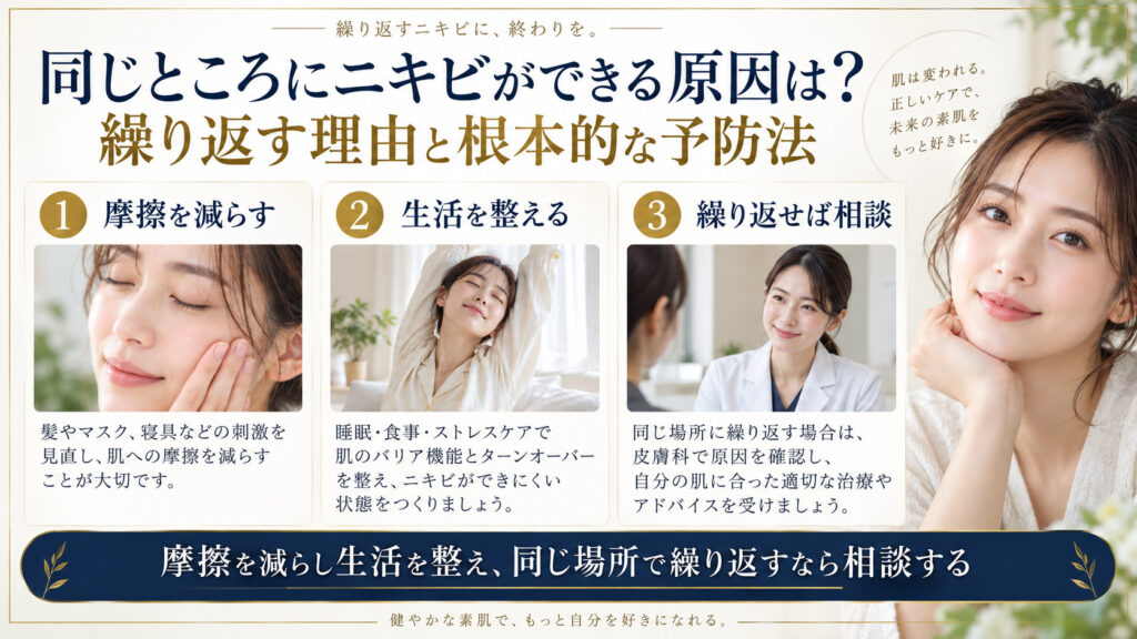 同じ場所に繰り返すニキビの原因と予防をまとめたアイキャッチ