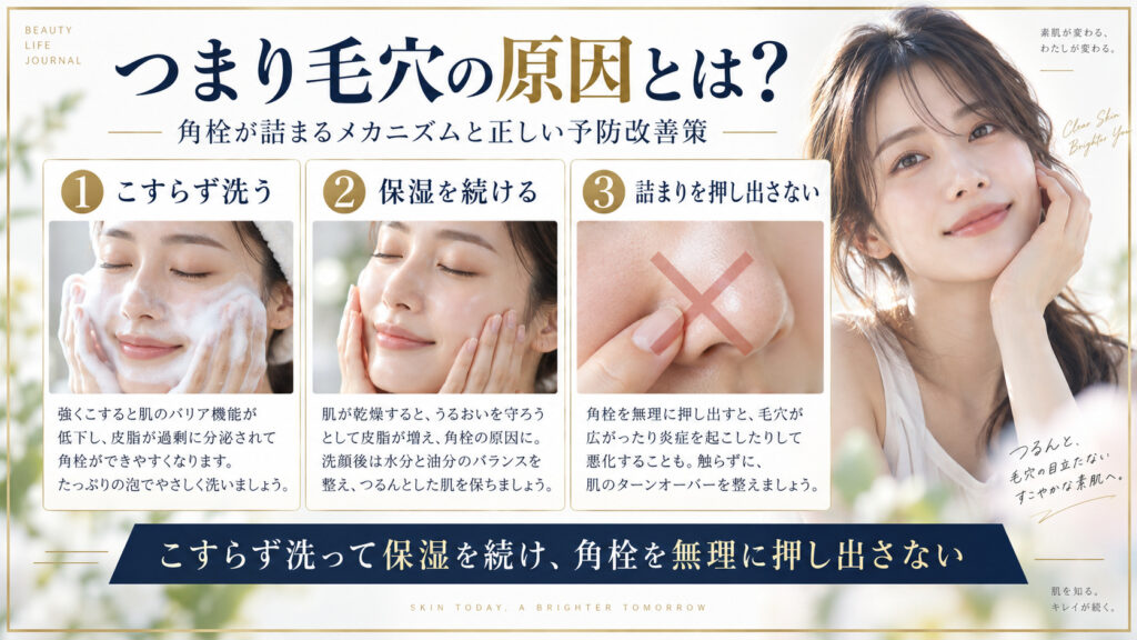 つまり毛穴の原因と正しい予防ケアをまとめたアイキャッチ