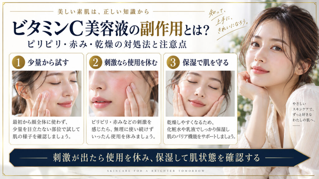 ビタミンC美容液の刺激や肌変化への対処をまとめたアイキャッチ