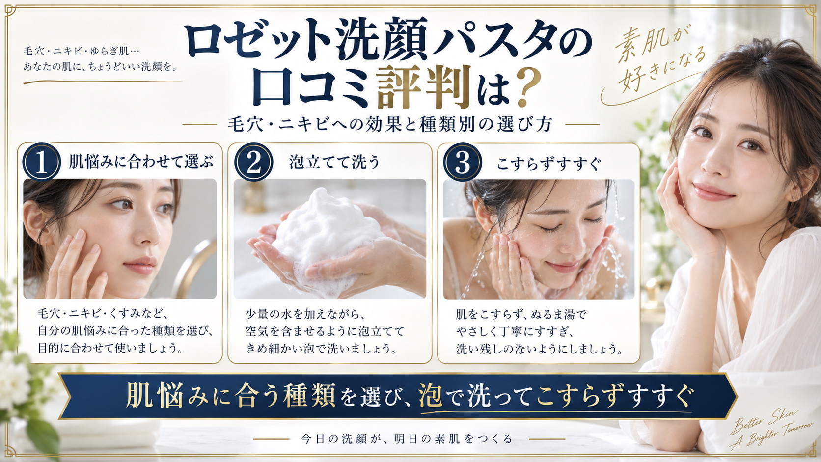 ロゼット洗顔パスタの種類選びと使い方をまとめたアイキャッチ