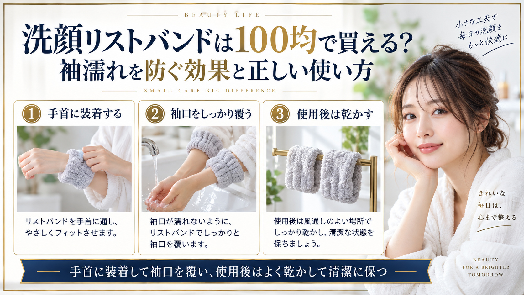 洗顔リストバンドの装着とお手入れ方法をまとめたアイキャッチ