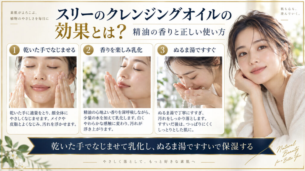 スリーのクレンジングオイルの使い方をまとめたアイキャッチ