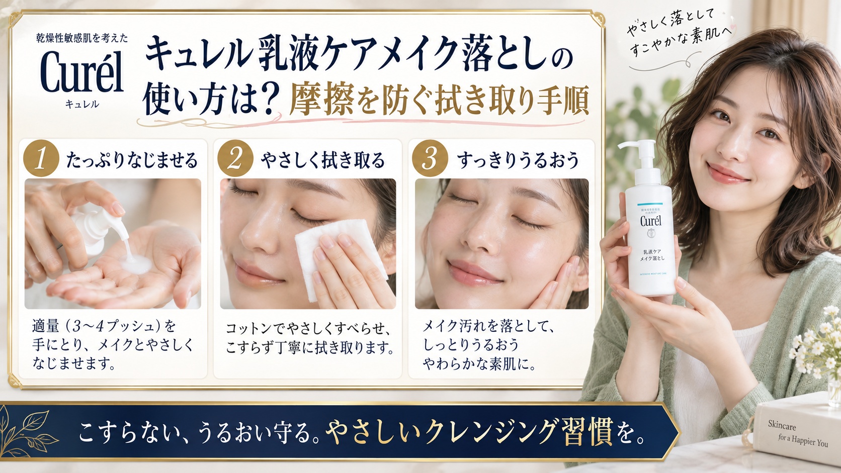 キュレル乳液ケアメイク落としの使い方は？摩擦を防ぐ拭き取り手順