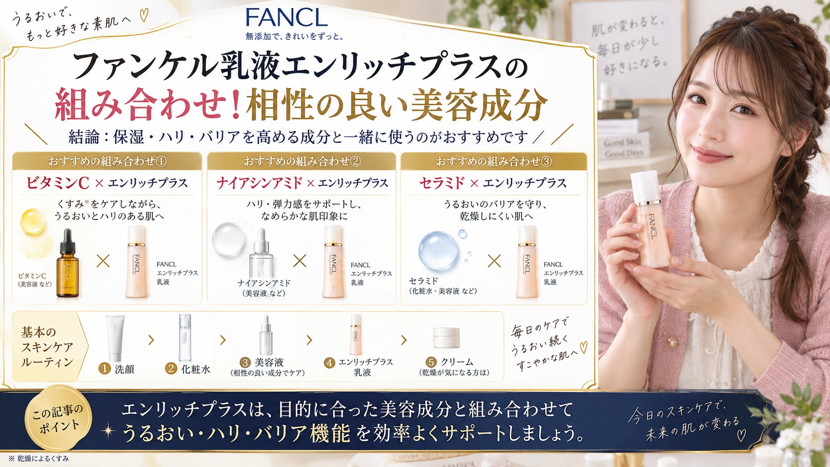 ファンケル乳液エンリッチプラスの組み合わせ!相性の良い美容成分