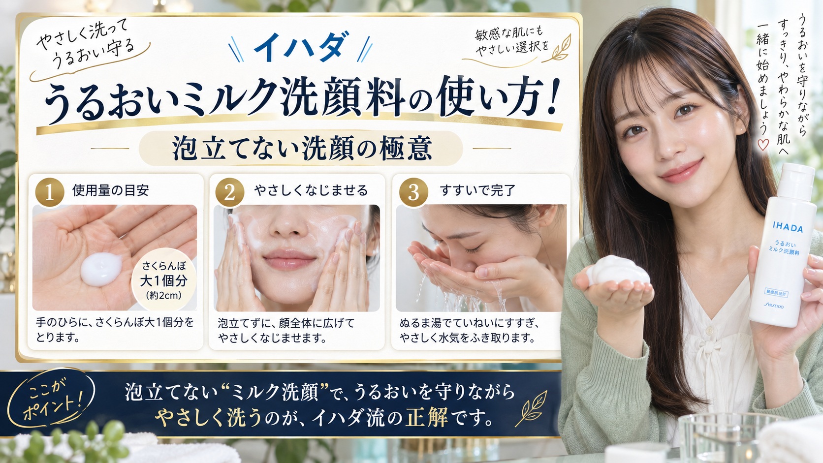 イハダうるおいミルク洗顔料の使い方！泡立てない洗顔の極意