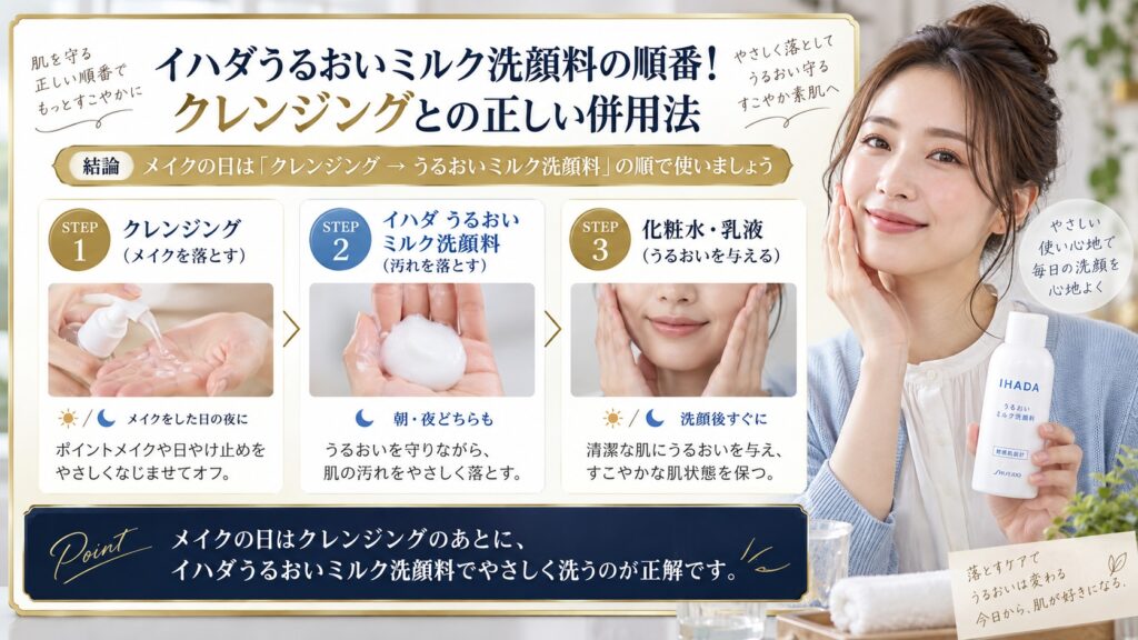 イハダうるおいミルク洗顔料の順番！クレンジングとの正しい併用法