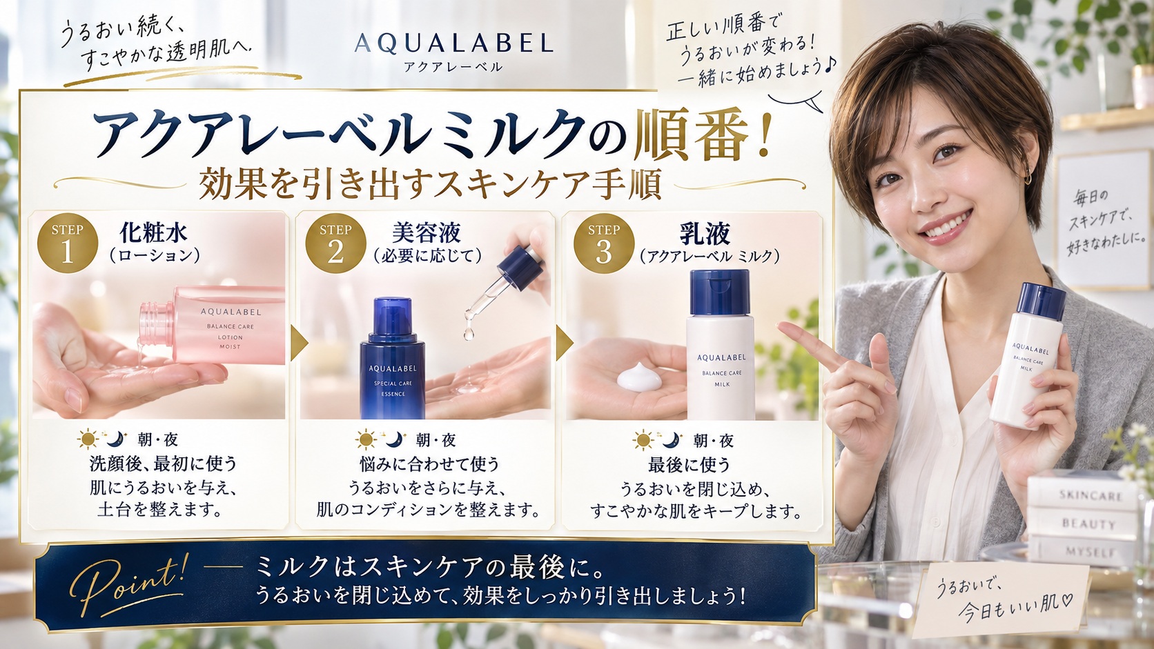 アクアレーベルミルクの順番！効果を引き出すスキンケア手順