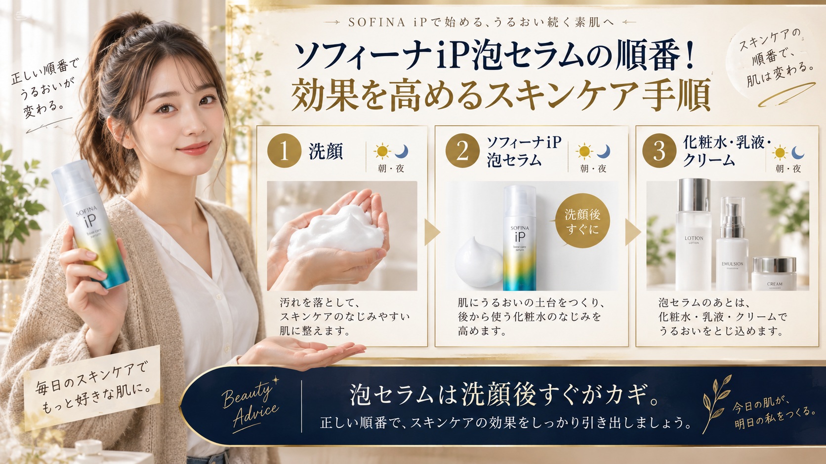 ソフィーナiP泡セラムの順番!効果を高めるスキンケア手順