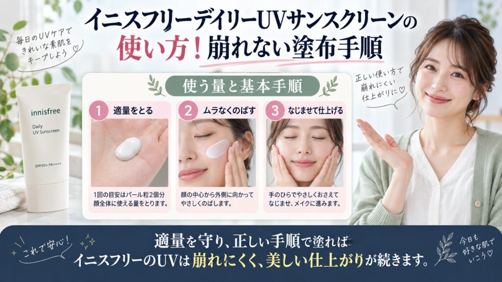 イニスフリーデイリーUVサンスクリーンの使い方！崩れない塗布手順を3ステップで解説するアイキャッチ