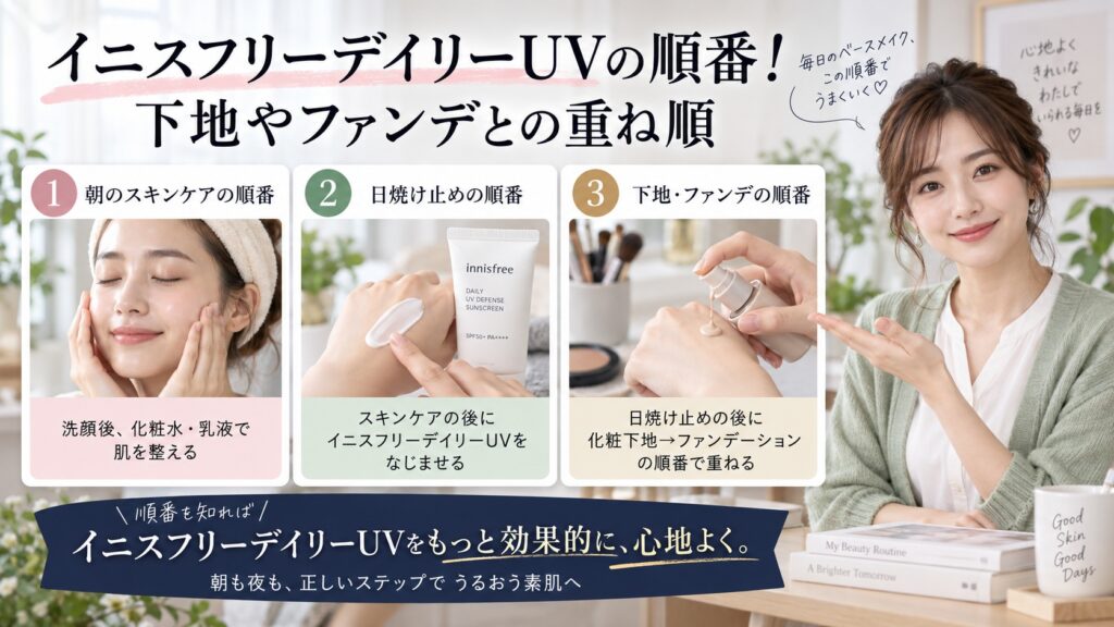 イニスフリーデイリーUVの順番！下地やファンデとの重ね順を3ステップで解説するアイキャッチ