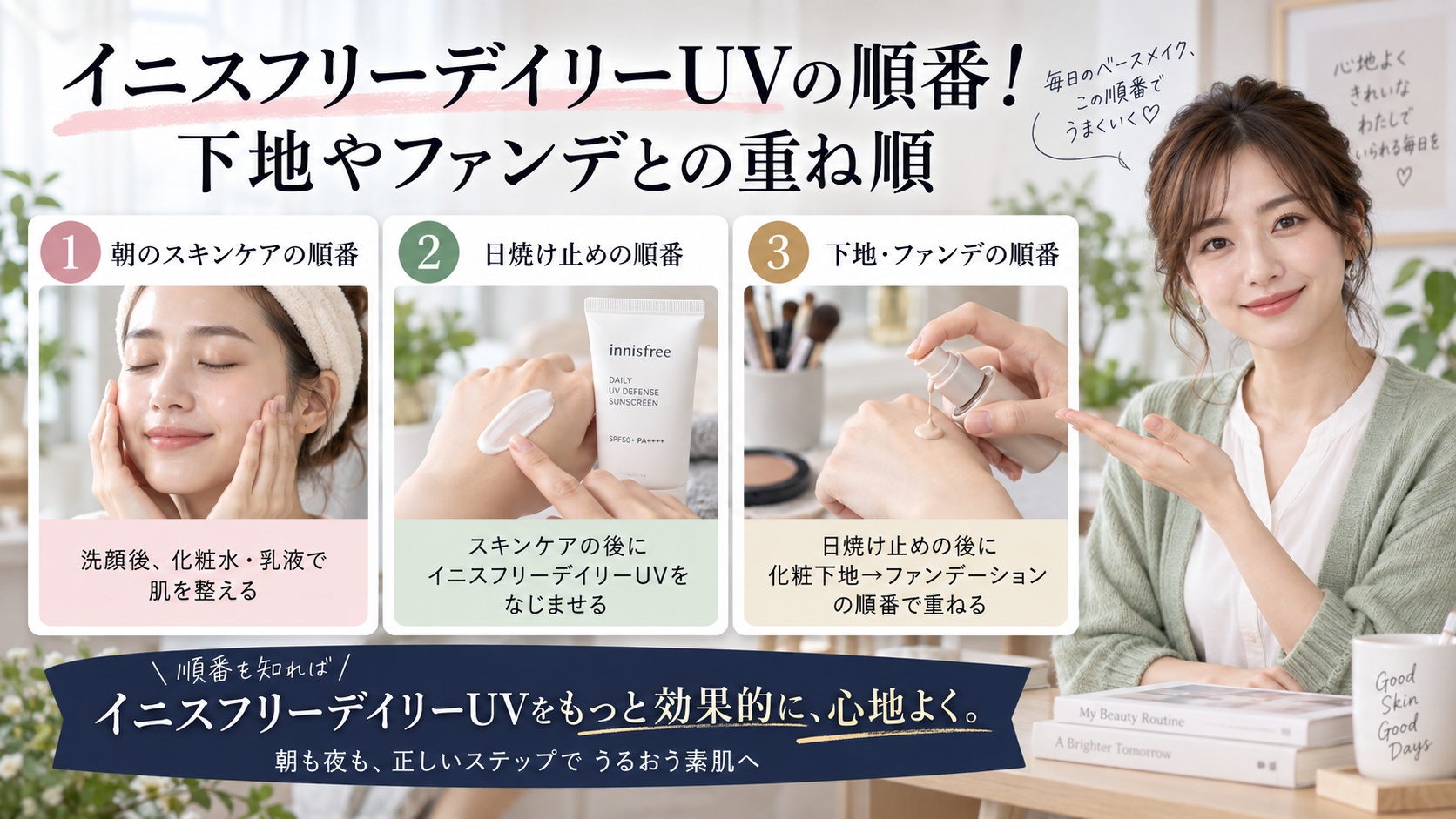 イニスフリーデイリーUVの順番!下地やファンデとの重ね順を3ステップで解説するアイキャッチ