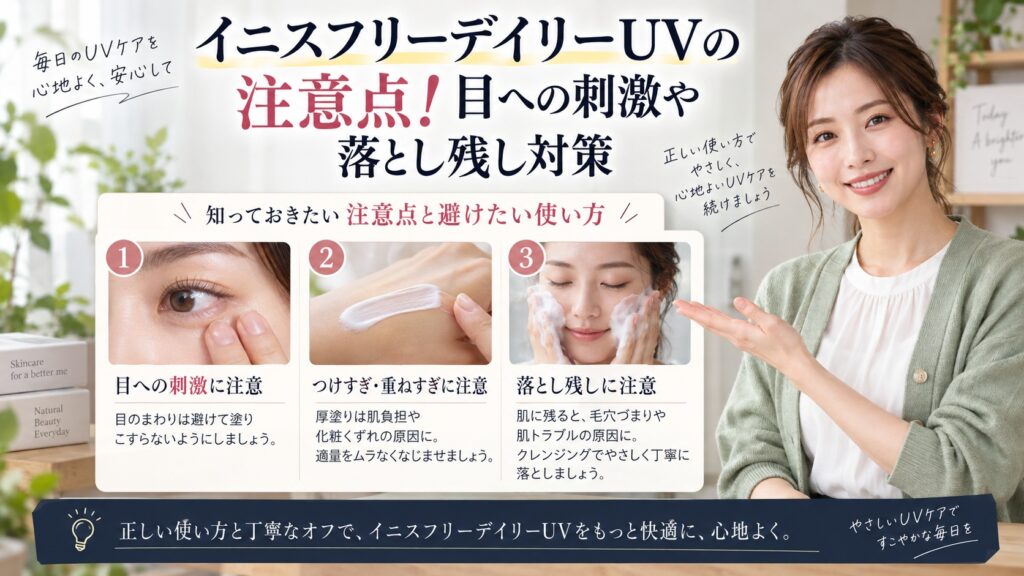 イニスフリーデイリーUVの注意点！目への刺激や落とし残し対策を3ステップで解説するアイキャッチ