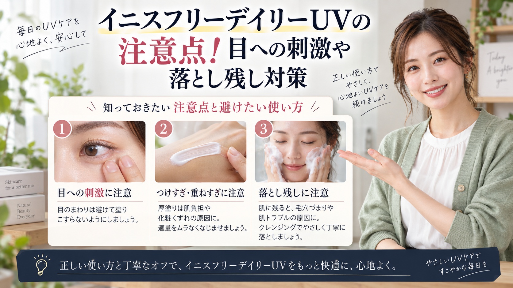 イニスフリーデイリーUVの注意点!目への刺激や落とし残し対策を3ステップで解説するアイキャッチ