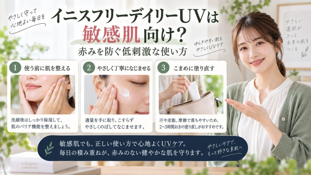 イニスフリーデイリーUVは敏感肌向け？赤みを防ぐ低刺激な使い方を3ステップで解説するアイキャッチ