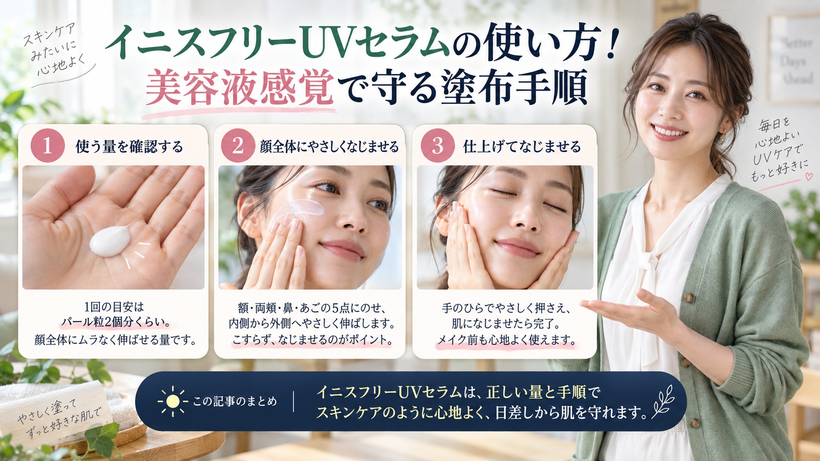 イニスフリーUVセラムの使い方！美容液感覚で守る塗布手順を3ステップで解説するアイキャッチ