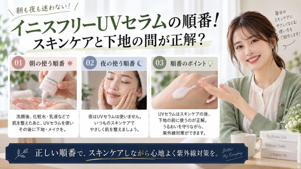 イニスフリーUVセラムの順番！スキンケアと下地の間が正解？を3ステップで解説するアイキャッチ