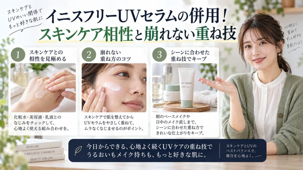 イニスフリーUVセラムの併用！スキンケア相性と崩れない重ね技を3ステップで解説するアイキャッチ