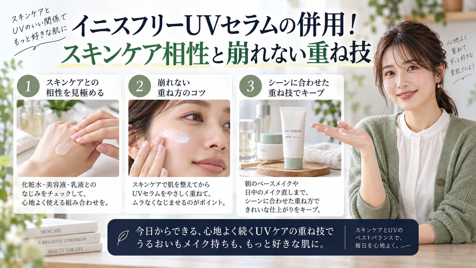 イニスフリーUVセラムの併用！スキンケア相性と崩れない重ね技を3ステップで解説するアイキャッチ