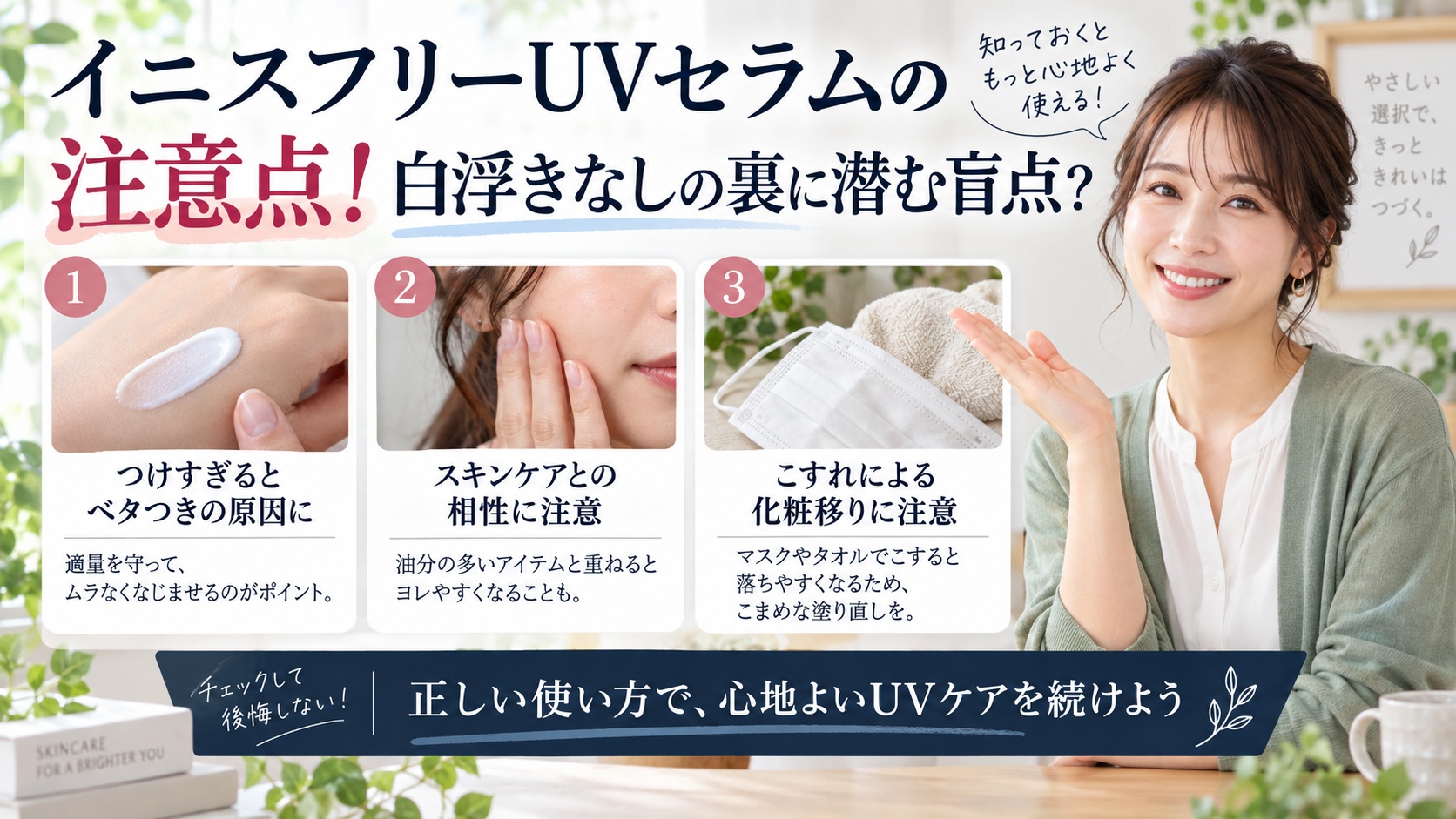イニスフリーUVセラムの注意点!白浮きなしの裏に潜む盲点?を3ステップで解説するアイキャッチ