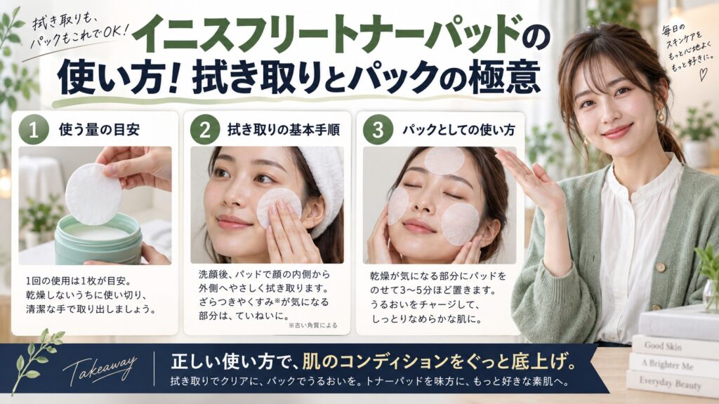 イニスフリートナーパッドの使い方！拭き取りとパックの極意を3ステップで解説するアイキャッチ