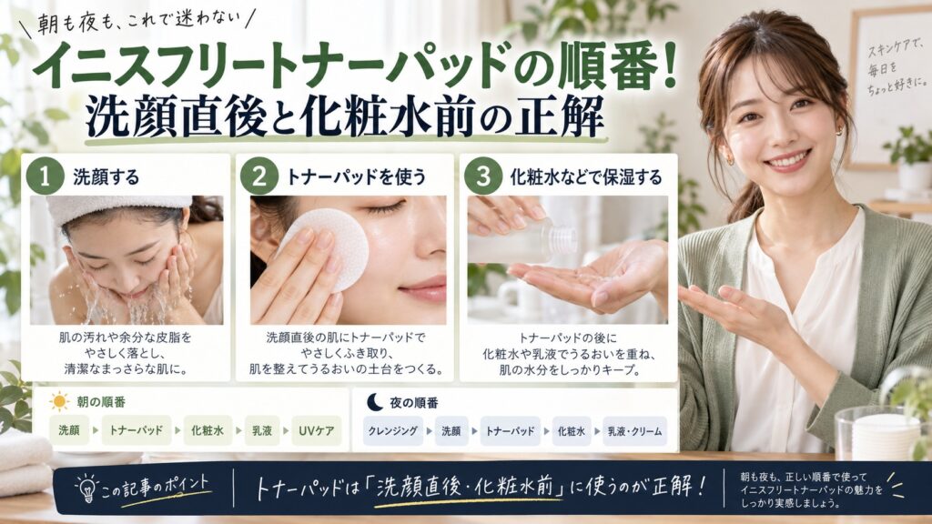 イニスフリートナーパッドの順番！洗顔直後と化粧水前の正解を3ステップで解説するアイキャッチ