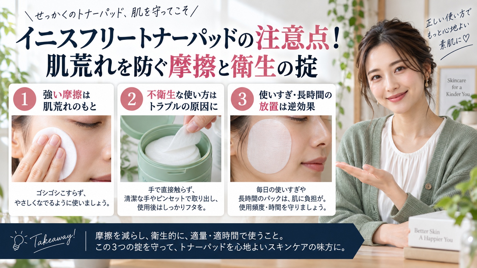 イニスフリートナーパッドの注意点!肌荒れを防ぐ摩擦と衛生の掟を3ステップで解説するアイキャッチ