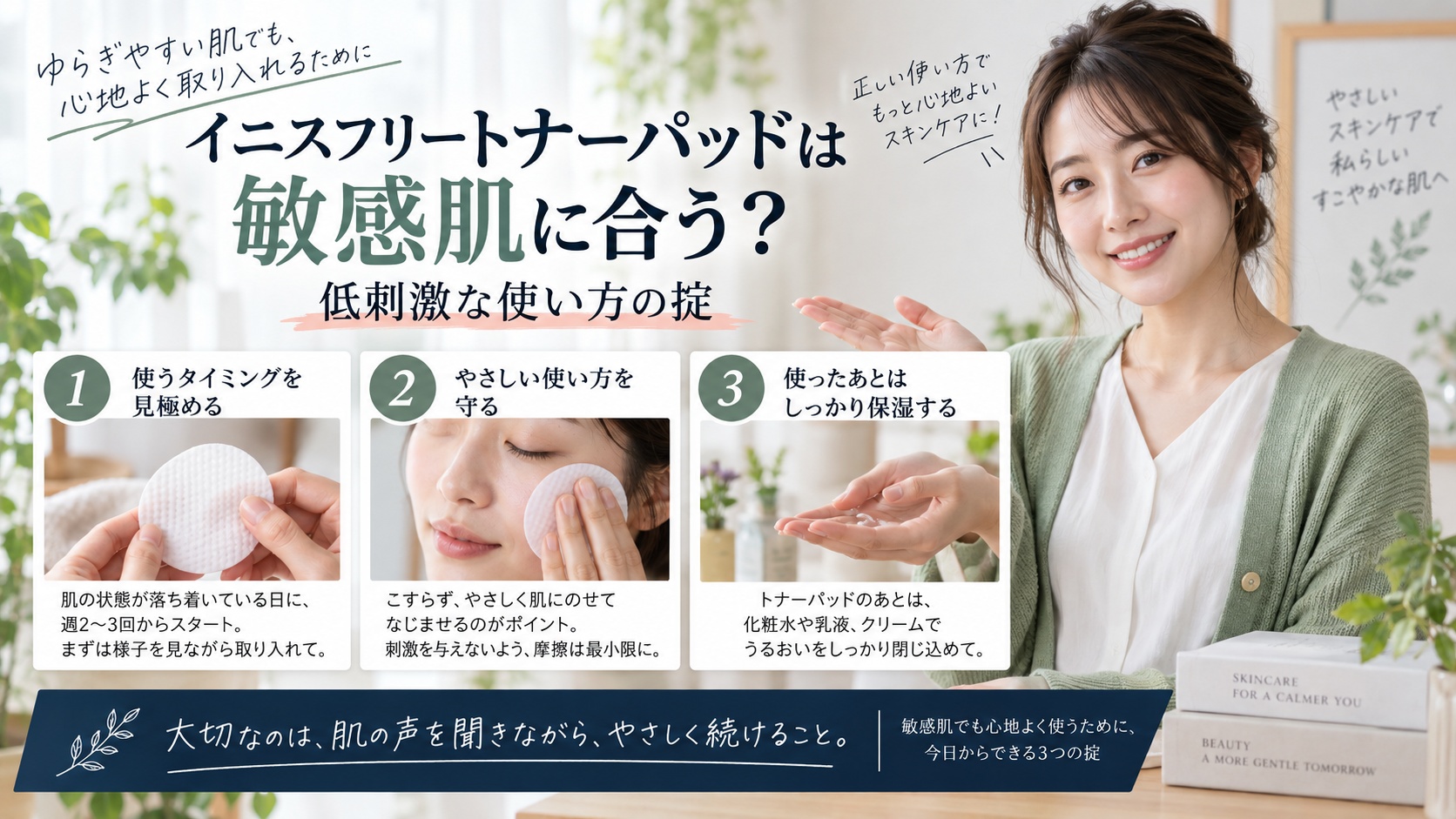 イニスフリートナーパッドは敏感肌に合う？低刺激な使い方の掟を3ステップで解説するアイキャッチ