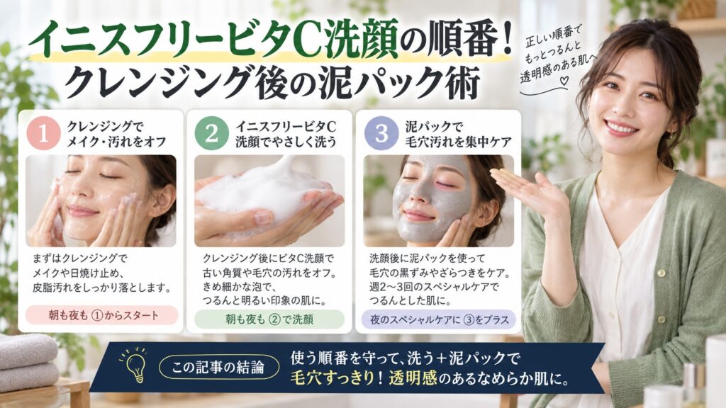 イニスフリービタC洗顔の順番！クレンジング後の泥パック術を3ステップで解説するアイキャッチ