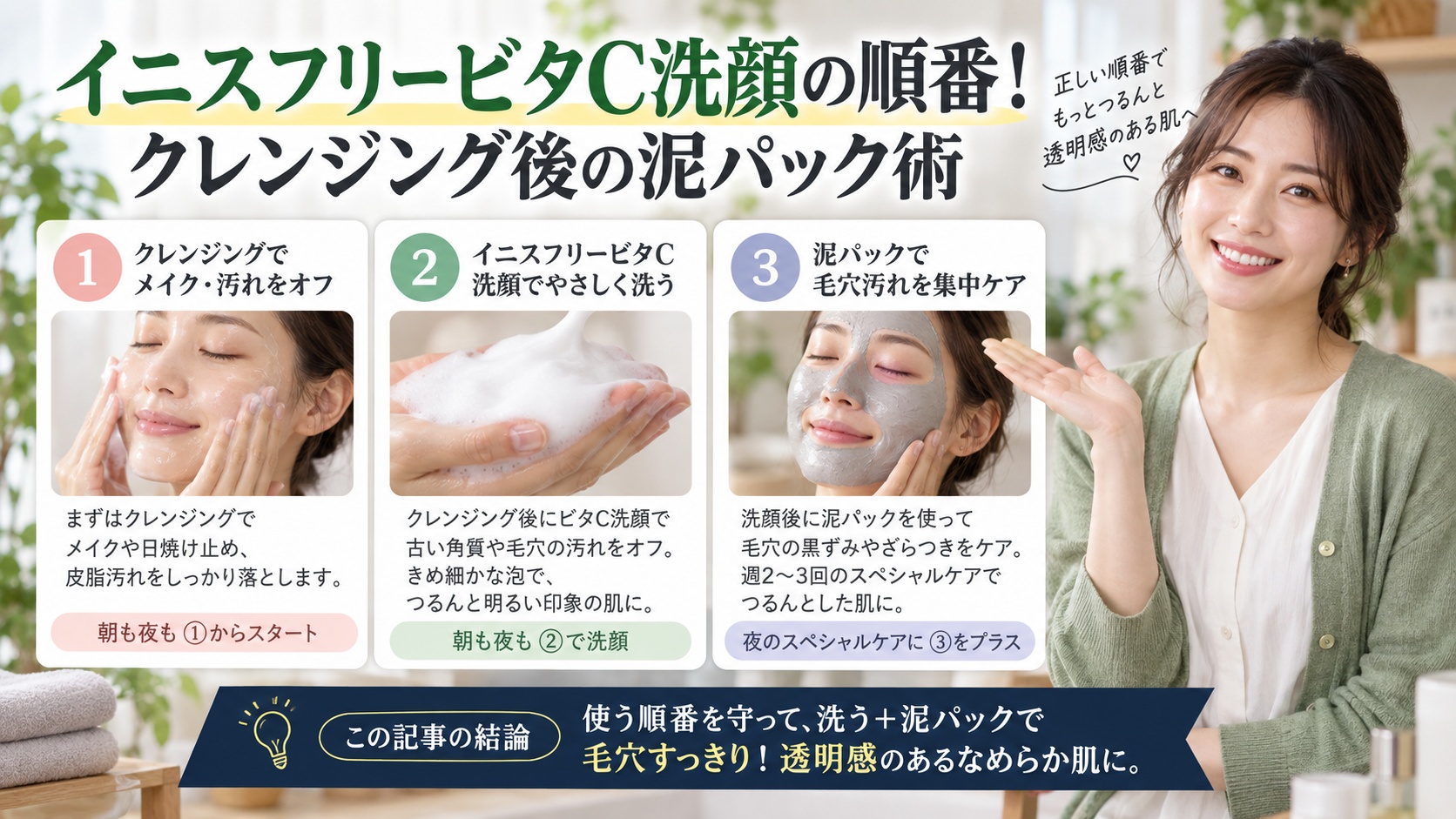 イニスフリービタC洗顔の順番!クレンジング後の泥パック術を3ステップで解説するアイキャッチ