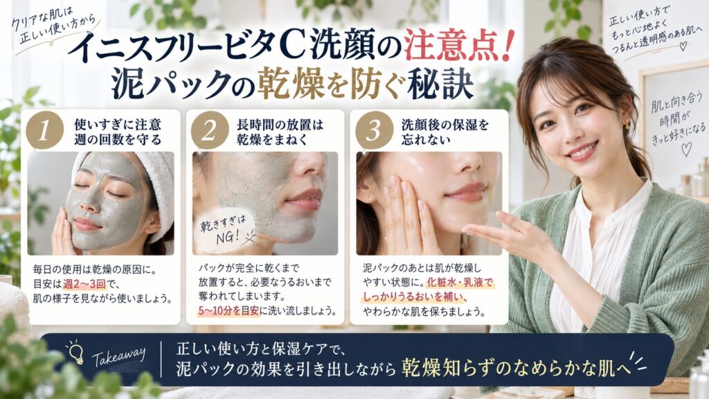 イニスフリービタC洗顔の注意点！泥パックの乾燥を防ぐ秘訣を3ステップで解説するアイキャッチ